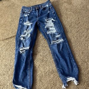 AMERICAN EAGLE OUTFITTERS. Dark blue stretch ripped mom jeans. Size 2.